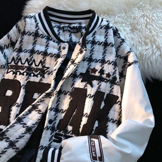 American retro plaid baseball jacket for men and women hip-hop loose embroidery baseball collar couple jacket