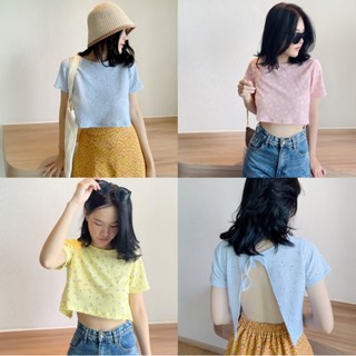 [PG3] lilly croptop เสื้อครอปลายดอกไม้ผูกหลัง สลับด้านใส่ได้ ตัวผ้านุ่ม และยืดไม่บาง