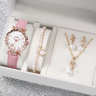 Elegant Lady Jewelry & Leather Watch พร้อมนาฬิกาข้อมือควอตซ์สําหรับผู้หญิงเหมาะสําหรับของขวัญ