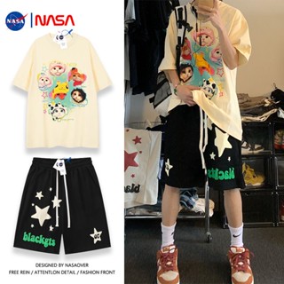 [Dopamine Wear] NASA Jointed Dopamine Wear a Set of Sweet Cool Cat Short-sleeved T-shirts for Men and Women Summer American Sports Shorts