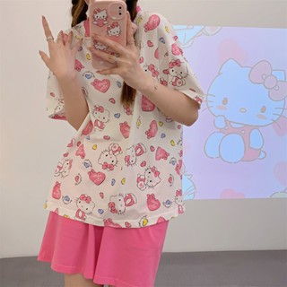 ชุดนอนเสื้อแขนสั้น กางเกงขาสั้น แบบบาง พิมพ์ลาย Hello Kitty น่ารัก เหมาะกับฤดูร้อน สําหรับนักเรียนหญิง