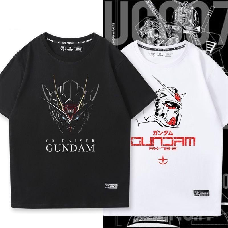 ผ้าฝ้ายแท้ เสื้อยืดอนิเมะ Gundam Gundam Mobile Suit เสื้อยืดแขนสั้นผู้ชายพิมพ์ลายครึ่งแขนสไตล์ญี่ปุ่น Cotton