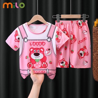 Milo เสื้อยืดแขนสั้นสาว + กางเกงขาสั้นชุดนอน สาวน่ารักการ์ตูนสตรอเบอร์รี่หมี/ชุดแขนสั้น Kulomi แฟชั่นระบายอากาศได้