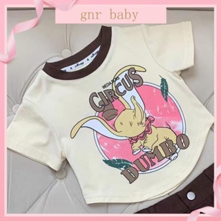 🍊GNR BABY🥑เสื้อยืดแขนสั้น พิมพ์ลายการ์ตูนช้าง สีสันสดใส สไตล์เกาหลี สําหรับเด็กผู้หญิง อายุ 3-12 ปี