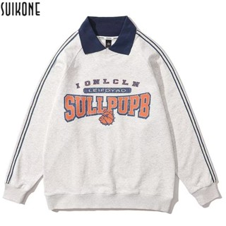 Suikone   เสื้อยืดผู้ชายแขนยาวลำลองแฟชั่นพิมพ์ตัวอักษรปก POLO เสื้อกันหนาวแขนยาวใส่ได้ทั้งชายและหญิง