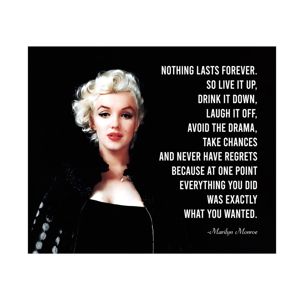 Marilyn Monroe Quotes-"Nothing Lasts Forever-Never Have Regrets"-Inspiration Wall Art-10 x 8" Retro 