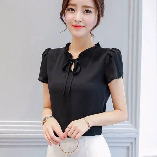 เสื้อแขนสั้น ผ้าชีฟอง สีพื้น แฟชั่นฤดูร้อน สําหรับผู้หญิง