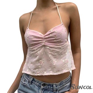 Suncol- เสื้อครอปท็อป แขนกุด ปักลายดอกไม้ เปิดหลัง สไตล์สตรีท เหมาะกับฤดูร้อน สําหรับผู้หญิง