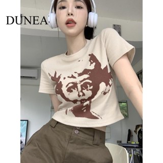 Dunea เสื้อยืดครอป แขนสั้น พิมพ์ลาย สไตล์วินเทจ อเมริกัน สําหรับผู้หญิง