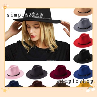 Simple Felt Fedora หมวกผ้าสักหลาด ผู้ชายและผู้หญิง พร้อมหัวเข็มขัด ปีกกว้าง หมวกแจ๊สปานามา