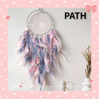 Path จี้ตาข่ายดักฝัน ประดับขนนก สีเทา และสีชมพู สําหรับแขวนตกแต่งผนังห้องนอน