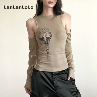 Lanlanlolo เสื้อยืด คอกลม แขนยาว ผ้าถัก พิมพ์ลาย สําหรับผู้หญิง 2023