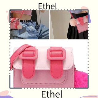 Ethel1 กระเป๋าสะพายไหล่ กระเป๋าถือ ทรงสี่เหลี่ยม ประดับจี้ลูกบอลขน สีตัดกัน แฟชั่นสําหรับสตรี