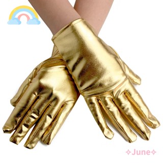 June ถุงมือหนังสั้น สไตล์โกธิค สีเงิน สีทอง แวววาว สําหรับคอสเพลย์การแสดงบนเวที พังก์