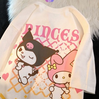 เสื้อยืดคอกลม แขนสั้น ผ้าฝ้าย พิมพ์ลายการ์ตูนอนิเมะ Sanrio Kuromi My Melody น่ารัก โอเวอร์ไซซ์ สไตล์ญี่ปุ่น สําหรับผู้หญิง [RAIN]