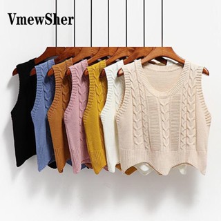 Vmewsher 9 สี ฤดูใบไม้ผลิ ฤดูใบไม้ร่วง บิด เสื้อกันหนาว เสื้อกั๊ก ผู้หญิง สไตล์เกาหลี แขนกุด เสื้อถัก เสื้อครอป เสื้อจัมเปอร์ แบบสวมหัว ธรรมดา ใหม่