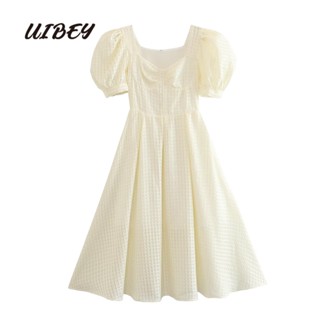 Uibey ชุดเดรส คอสี่เหลี่ยม แขนพัฟ เอวสูง ดึงดูด 4666
