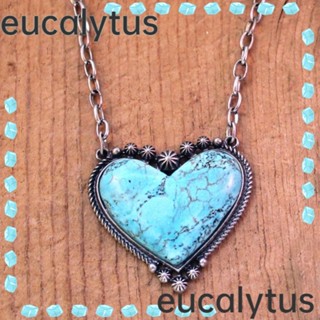 Eucalytus1 สร้อยคอ จี้หินเทอร์ควอยซ์ รูปหัวใจ ประดับพลอยเทียม สไตล์วินเทจ