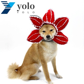 Yolo หมวกผ้ากํามะหยี่ขนนิ่ม ระบายอากาศ ลายดอกไม้ สีแดง ปรับได้ สําหรับสัตว์เลี้ยง สุนัข แมว