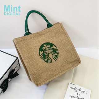 Starbucks กระเป๋าถือ ผ้าแคนวาส ผ้าลินิน พิมพ์ลาย สําหรับใส่กล่องอาหารกลางวัน หนังสือ นักเรียน