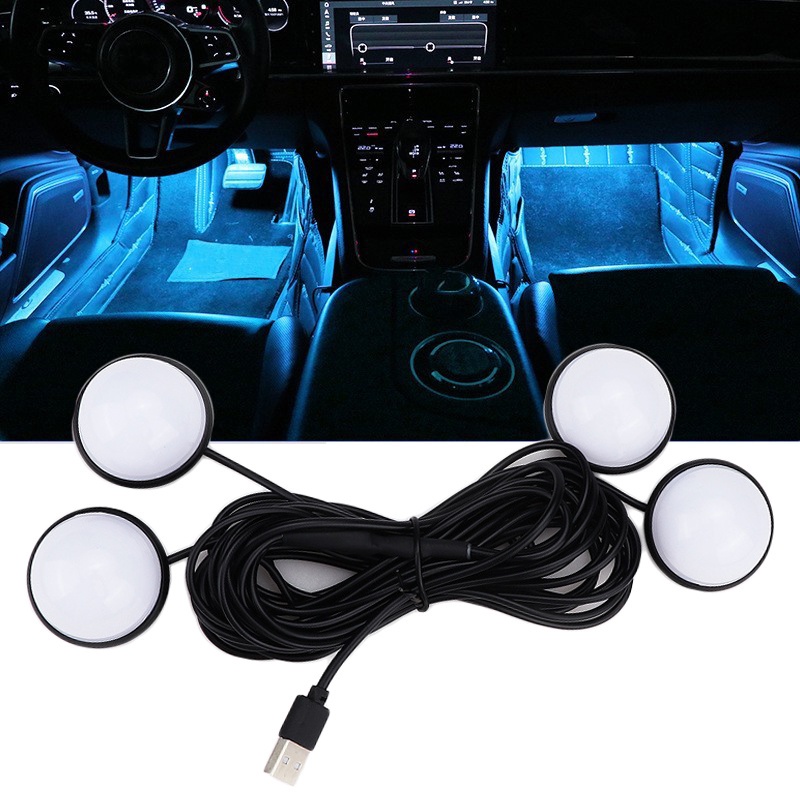 4 IN 1 LED รอบด้าน ภายในรถยนต์ บรรยากาศเท้า ตกแต่ง ไอซ์บลูสตาร์ หลอดไฟ USB ไฟกลางคืน