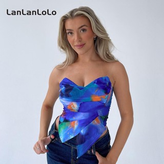 Lanlanlolo เสื้อท็อปส์ แขนกุด เปิดไหล่ เปลือยหลัง ทรงไม่สมมาตร สีมัดย้อม เซ็กซี่ แฟชั่นสําหรับสตรี 2023