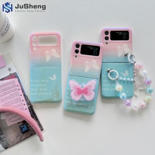 Jusheng เคสโทรศัพท์มือถือ ลายผีเสื้อ สีชมพู สีเขียว พร้อมสร้อยข้อมือ สีฟ้าอ่อน แฟชั่น สําหรับ Samsung Z Flip4 Z Flip3