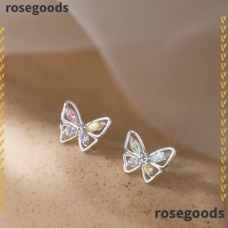 Rosegoods1 ต่างหูสตั๊ด รูปผีเสื้อ ประดับเพชร คริสตัล สีเงิน เครื่องประดับแฟชั่น สําหรับผู้หญิง 2 ชิ้น