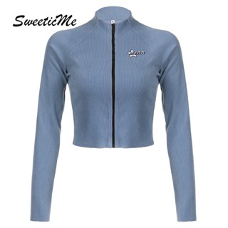 Sweeticme ใหม่ เสื้อยืดแขนยาว คอเต่า เข้ารูป ปักลาย มีซิป สีตัดกัน เข้ากับทุกการแต่งกาย แฟชั่นสําหรับผู้หญิง 2023