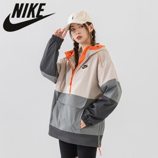 Nike ของแท้ 100% เสื้อแจ็กเก็ต เสื้อกันลม มีฮู้ด มีซิปครึ่ง ทรงหลวม สําหรับผู้หญิง