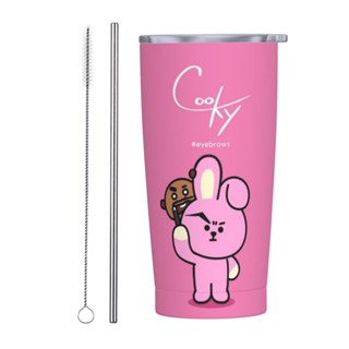 Bt21 แก้วกาแฟสเตนเลส พิมพ์ลาย พร้อมฝาปิด และหลอด 20 ออนซ์