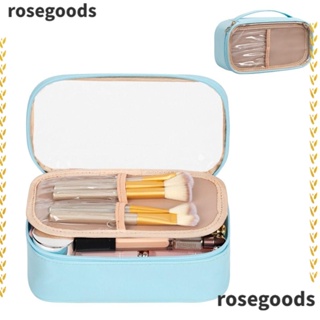 Rosegoods1 กระเป๋าเครื่องสําอาง PVC กันน้ํา แบบพกพา พร้อมช่องใส่แปรงแต่งหน้า สีฟ้าทะเลสาบ