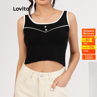 Lovito เสื้อกล้ามเปิดไหล่ มีกระดุม สีพื้น สไตล์ลำลอง L18X267 (สีดำ)