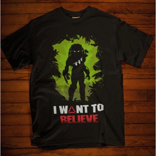 oversize T-shirt เสื้อยืด พิมพ์ลายกราฟฟิคนักล่าเอเลี่ยน 80S I Want To Believe Hunter Killer Icon1 สไตล์เรโทร ของขวัญฮาโล