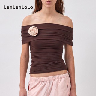 Lanlanlolo เสื้อเปิดไหล่ แขนสั้น ลายดอกไม้ สีพื้น สําหรับผู้หญิง 2023