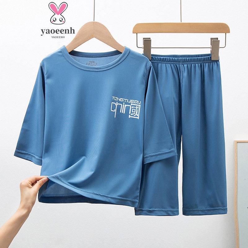 【YAOEENH】ชุดนอนเด็ก ผ้าเรยอน แขนสามส่วน 100-160 ซม. น่ารัก สองชิ้น พร้อมส่ง ส่งเร็ว