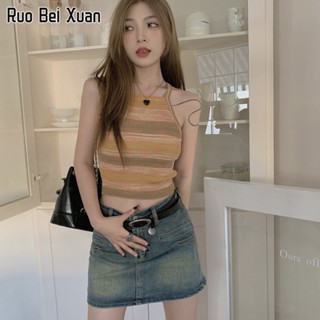 RUO BEI XUAN เสื้อชั้นในสตรีฤดูร้อนใหม่เกาหลีลายทางสั้นยกทรงบาง