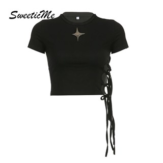 Sweeticme ใหม่ เสื้อยืดครอป คอกลม แขนสั้น ลําลอง ฉลุลายดาว เซ็กซี่ แฟชั่นสําหรับสตรี 2023