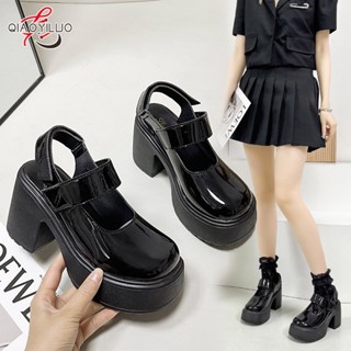 QiaoYiLuo ใหม่หนา soled รอบนิ้วเท้าแมรี่เจนรองเท้า preppy สไตล์หนึ่งคําหัวเข็มขัด Baotou กลับรองเท้าผู้หญิงที่ว่างเปล่า