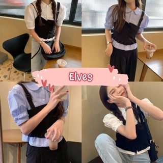 Elves✨พร้อมส่ง✨ เสื้อไหมพรมคอปกแขนสั้น เย็บติดกันน่ารักเกาหลีสุดๆ ~K321~ -C