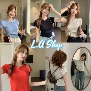 L.A Shop พร้อมส่ง เสื้อครอปสั้นไหมพรม แขนสั้นคอกลท ผ้ายืดใส่สบาย "91036" -C