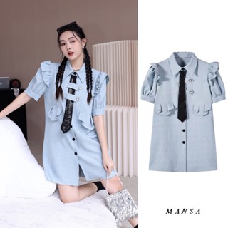 MANSA light blue puff sleeve dress ชุดเกาหลี เสื้อผ้าแฟชั่น เดรสผู้หญิง