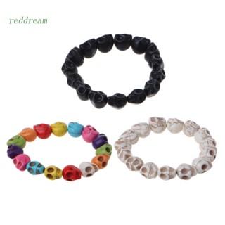 Redd สร้อยข้อมือ ประดับลูกปัด รูปหัวกะโหลกทิเบต แฮนด์เมด สีดํา และสีขาว