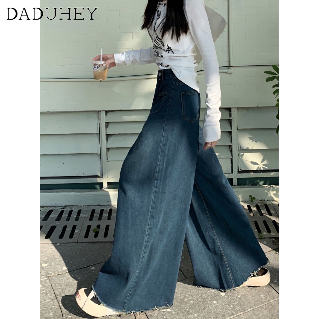 DaDuHey Women's Summer 2023 New Retro Wide Leg Denim High Waist Slim Wide Leg Loose Frayed Hem All-Matching Casual Flared Pants