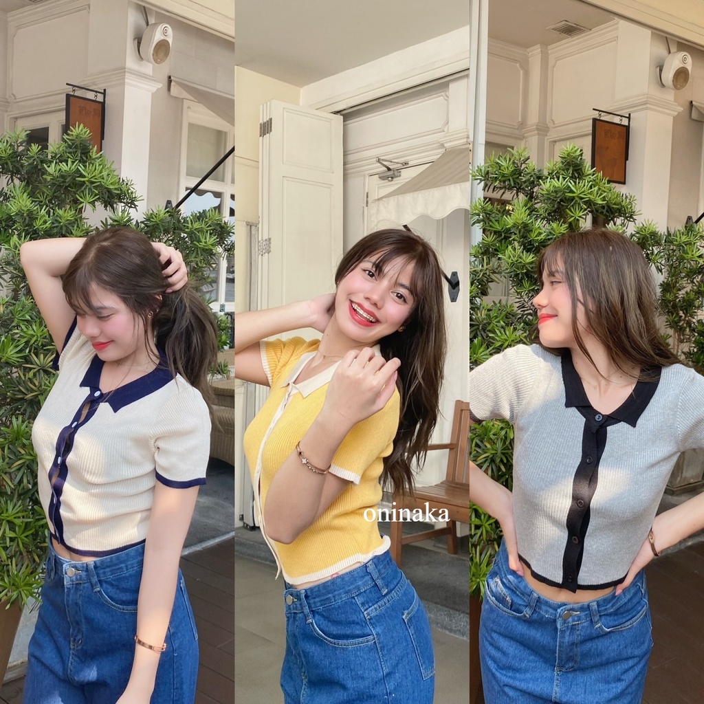 Oninaka เสื้อไหมพรมคอปกกระดุมหน้าแต่งขอบสีน่ารัก เสื้อยืด เสื้อแฟชั่นผญ