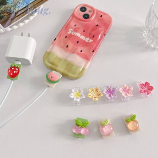 ตัวถนอมสายชาร์จ TPU นิ่ม ลายดอกไม้ ผลไม้ สตรอเบอร์รี่ พีช เชอร์รี่ 3D สีแคนดี้ สําหรับ iPhone Android Micro-USB Type-C 1 ชิ้น
