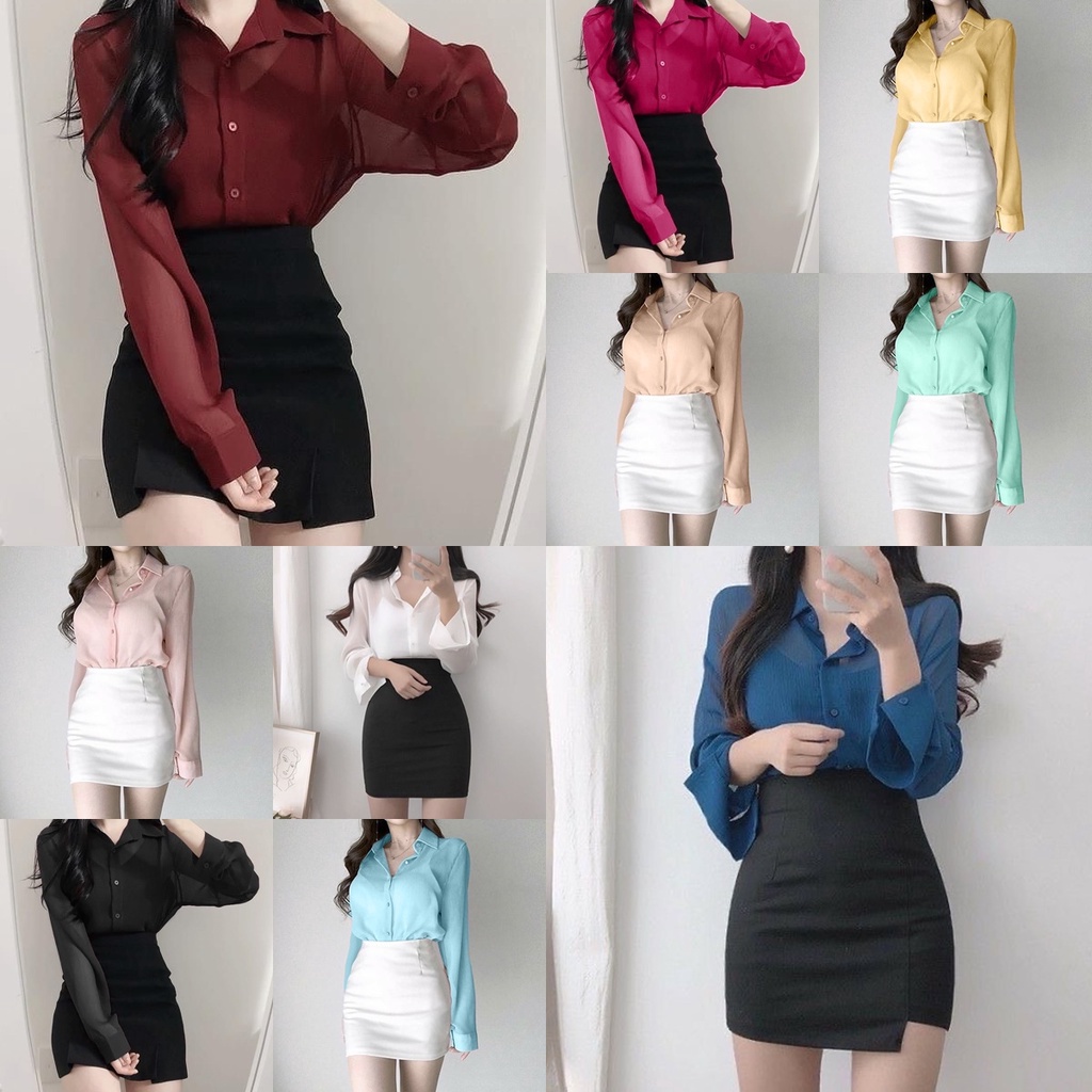 (สืนค้าพร้อมส่ง)เสื้อเชิตชีฟองแต่งกระดุม ใส่ทำงานสวยมากๆ(JB015) ( ตู้15 No.2)