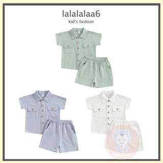 Laa6- เสื้อเชิ้ตแขนสั้น คอปก และกางเกงขาสั้น เอวยางยืด สีพื้น แฟชั่นฤดูร้อน สําหรับเด็กผู้ชาย