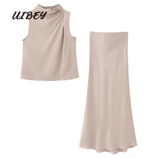 Uibey ขายส่ง เสื้อท็อป คอปก ผ้าไหมซาติน จีบรอบ + กระโปรง 3589