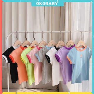 OKOBABY🌈พร้อมส่ง🌈เสื้อยืดแขนสั้นสําหรับเด็ก ฤดูร้อนเกาหลีด้านบนสีลูกอมที่เรียบง่าย 1-6 ปี